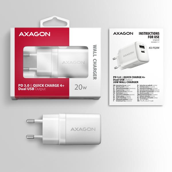 AXAGON ACU-PQ20W nabíjačka do siete 20W, 2x port (USB-A + USB-C), PD3.0/ PPS/ QC4+/ AFC/ Apple, biela 