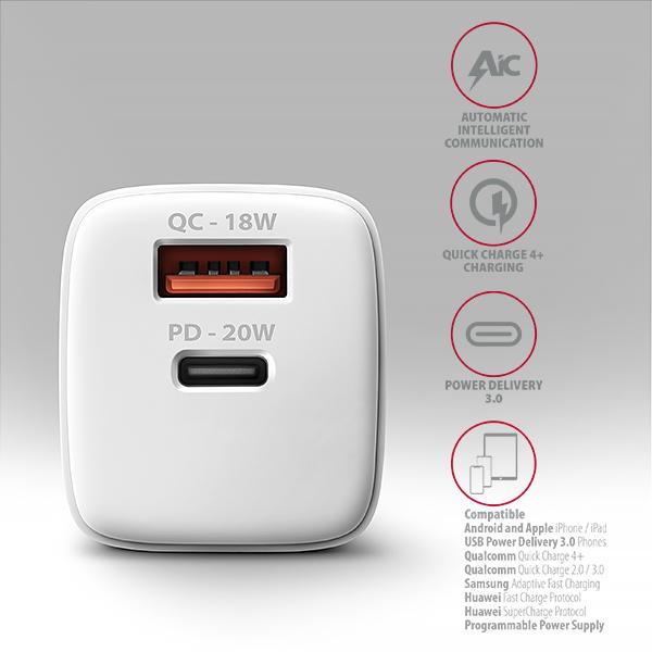 AXAGON ACU-PQ20W nabíjačka do siete 20W, 2x port (USB-A + USB-C), PD3.0/ PPS/ QC4+/ AFC/ Apple, biela 