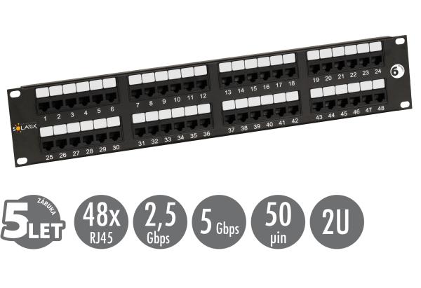 19" patch panel Solarix 48 x RJ45 CAT6 UTP 350 MHz čierny 2U SX48-6-UTP-BK