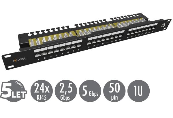 19" patch panel Solarix 24 x RJ45 CAT6 UTP s vyväzovacou lištou 1U SX24L-6-UTP-BK-N