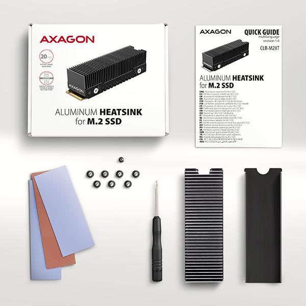 AXAGON CLR-M2XT, hliníkový pasívny chladič pre jedno aj obojstranný M.2 SSD disk, výška 24 mm 