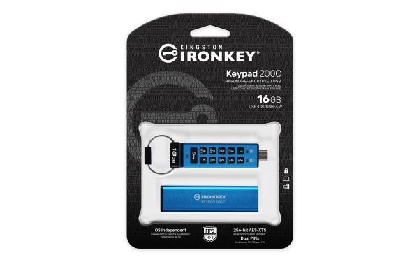 Kingston Ironkey Keypad 200C/ 16GB/ 145MBps/ USB 3.0/ USB-C/ Modrá 