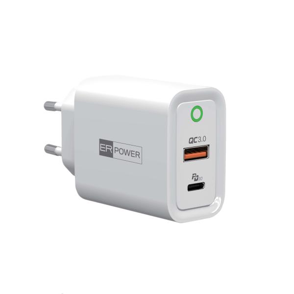 ER POWER 30W PD USB-C/ USB-A EU sieťový adaptér, biely
