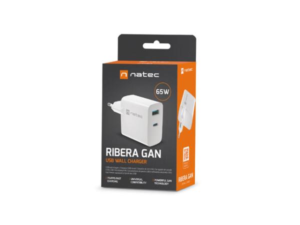 Univerzálna USB nabíjačka Natec RIBERA GaN 1X USB-A + 1X USB-C 65W, Biela 