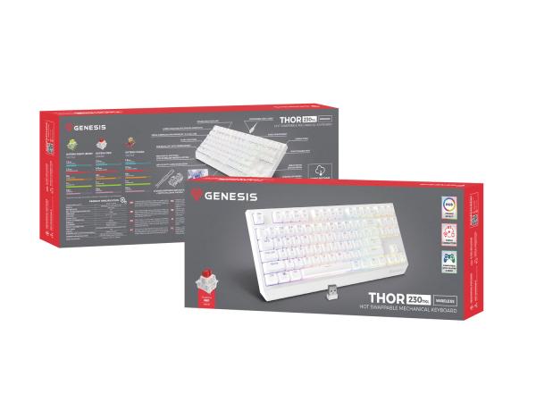 GENESIS herná klávesnica THOR 230/ TKL/ RGB/ Outemu Red/ Bezdrôtová USB + Bluetooth/ US layout/ Biela 