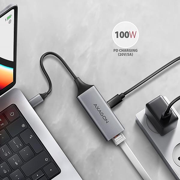 AXAGON ADE-TXPD, USB-C 3.2 Gen 1 - Gigabit Ethernet sieťová karta, Asix AX88179, PD 100W, auto inštal 
