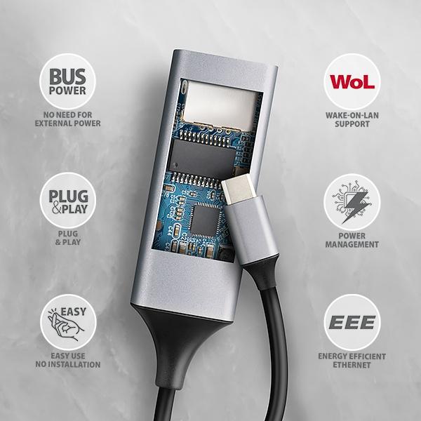 AXAGON ADE-TXPD, USB-C 3.2 Gen 1 - Gigabit Ethernet sieťová karta, Asix AX88179, PD 100W, auto inštal 