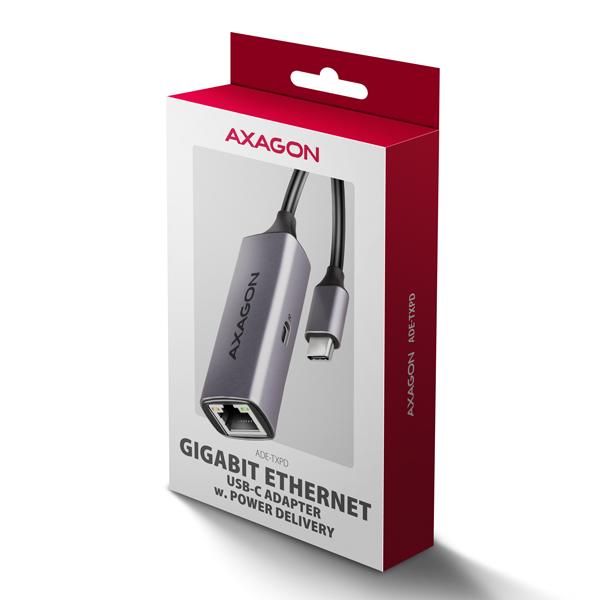 AXAGON ADE-TXPD, USB-C 3.2 Gen 1 - Gigabit Ethernet sieťová karta, Asix AX88179, PD 100W, auto inštal 