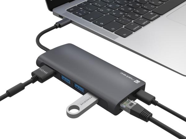 Natec multiport adaptér FOWLER 2 3X USB 3.0 HUB, HDMI 4K, USB-C, RJ45, SD, MICRO SD 