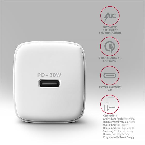 AXAGON ACU-PD20W, nabíjačka do siete 20W, 1x port USB-C, PD3.0/ PPS/ QC4+/ AFC/ Apple, biela 