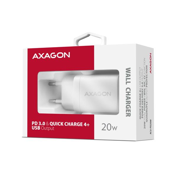 AXAGON ACU-PD20W, nabíjačka do siete 20W, 1x port USB-C, PD3.0/ PPS/ QC4+/ AFC/ Apple, biela 