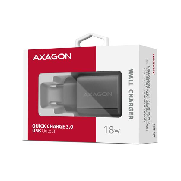 AXAGON ACU-QC18, nabíjačka do siete 18W, 1x port USB-A, QC3.0/ AFC/ Apple, čierna 