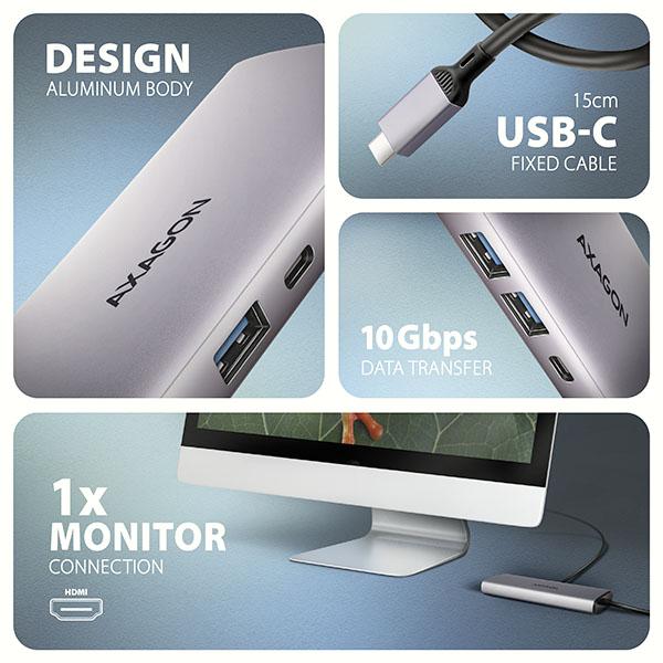 AXAGON HMC-6G2L, USB 10Gb/ s hub, 2x USB-A, 1x USB-C, HDMI 4k/ 60, RJ-45, PD 100W, kábel USB-C 15cm 