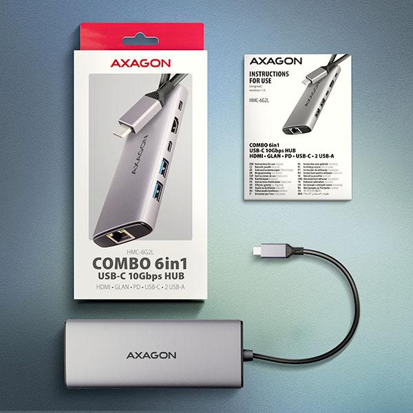 AXAGON HMC-6G2L, USB 10Gb/ s hub, 2x USB-A, 1x USB-C, HDMI 4k/ 60, RJ-45, PD 100W, kábel USB-C 15cm 
