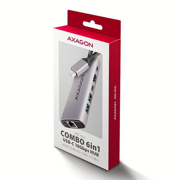 AXAGON HMC-6G2L, USB 10Gb/ s hub, 2x USB-A, 1x USB-C, HDMI 4k/ 60, RJ-45, PD 100W, kábel USB-C 15cm 