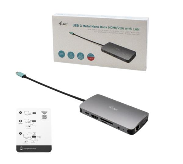 i-tec USB-C Metal Nano Dock HDMI/ VGA s LAN, Power Delivery 100 W + zdroj 100W 