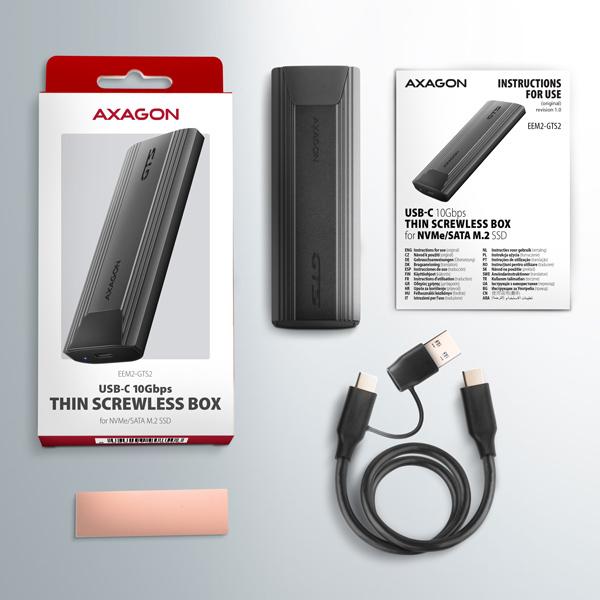 AXAGON EEM2-GTS2, 10Gbps USB-C - M.2 NVMe & SATA SSD kovový THIN box, bezskrutkový 