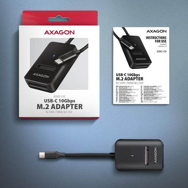 AXAGON ADM2-CM USB-C 10Gbps - M.2 NVMe & SATA SSD adaptér, kábel USB-C 10cm 