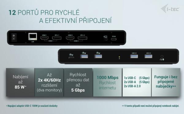 i-tec Universal Dual 4K Display Docking Station, Power Delivery 85W + i-tec USB-C Charger 100W 
