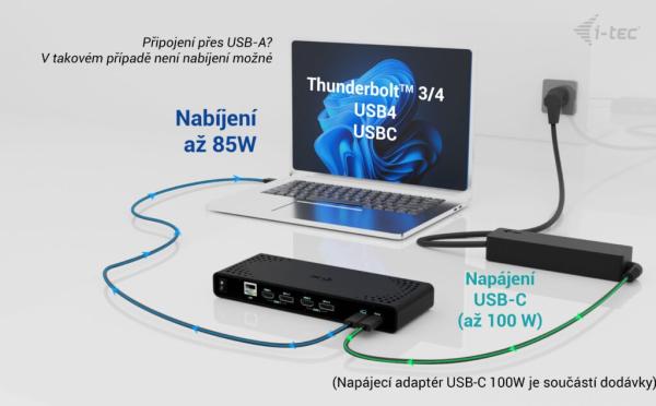 i-tec Universal Dual 4K Display Docking Station, Power Delivery 85W + i-tec USB-C Charger 100W 