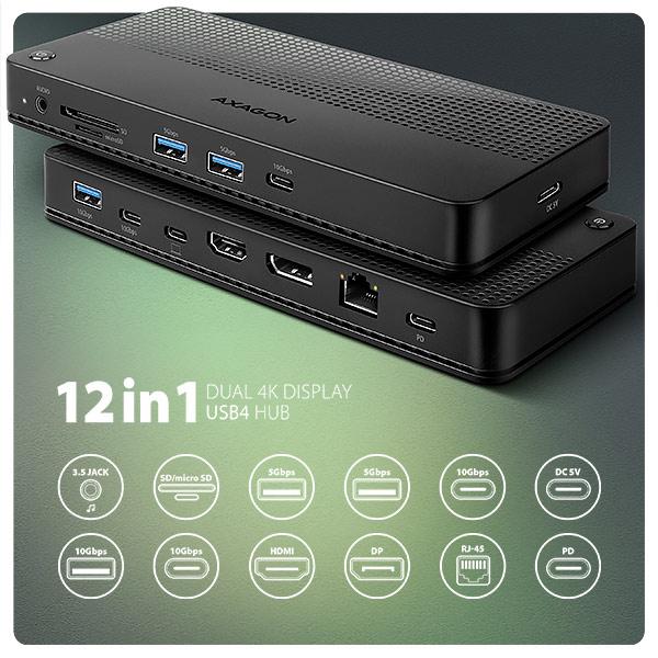 AXAGON HMC-U4, USB4 40Gbps dock, 3x USB-A, 2x USB-C, HDMI & DP 8K 30Hz, RJ-45, SD mSD, audio, PD100W 