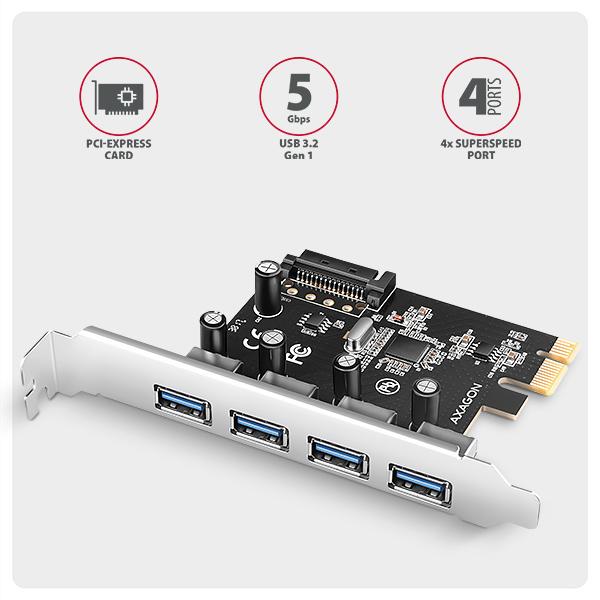 AXAGON PCEU-430RS, PCIe radič, 4x USB 5Gbps port, SATA napájanie, Renesas PD720201, SP 