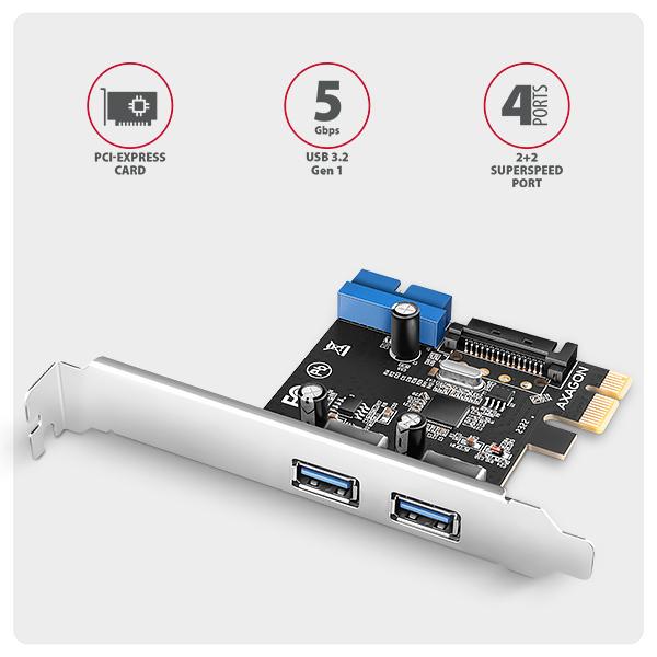 AXAGON PCEU-232RS, PCIe radič, 2+2x USB 5Gbps port, SATA napájanie, Renesas PD720201, SP & LP 