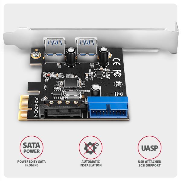 AXAGON PCEU-232RS, PCIe radič, 2+2x USB 5Gbps port, SATA napájanie, Renesas PD720201, SP & LP 