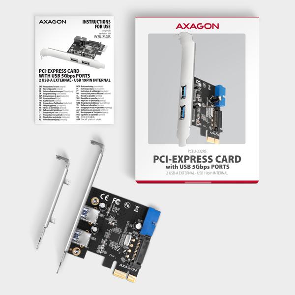 AXAGON PCEU-232RS, PCIe radič, 2+2x USB 5Gbps port, SATA napájanie, Renesas PD720201, SP & LP 