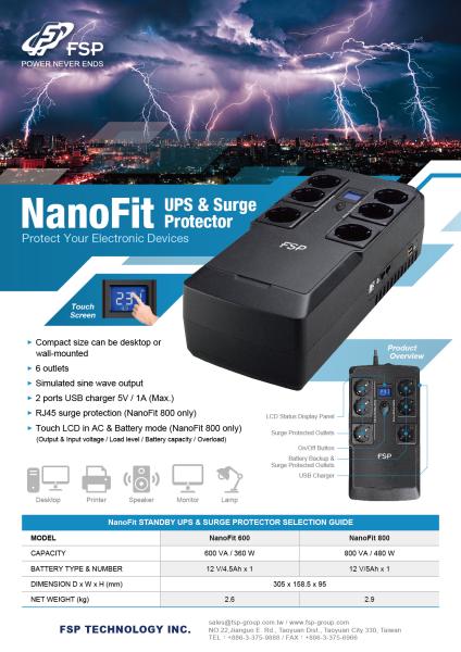 FSP UPS NanoFit 600, 600 VA / 360 W, 2xUSB power, LED, offline 