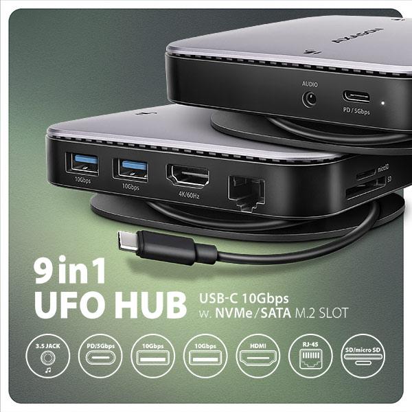 AXAGON HMC-UFO, USB 10Gbps húb, 2x USB-A, USB-C, HDMI 4k/ 60, RJ-45, M.2 slot, SD/ mSD, audio, PD 