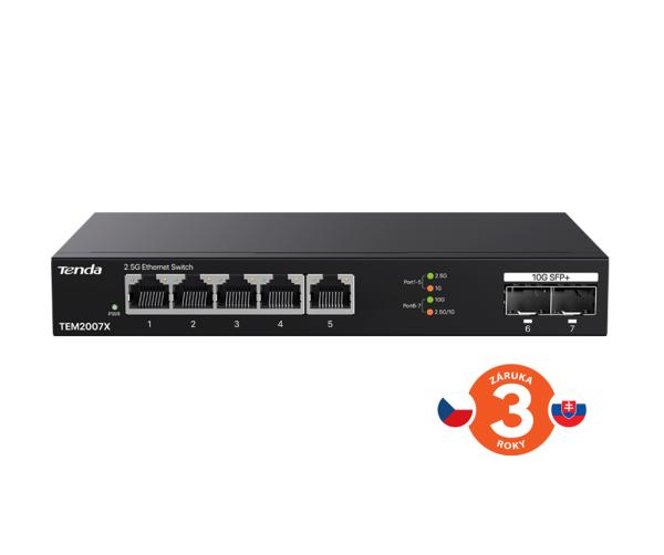 Tenda TEM2007X - Multi-gigabit switch, 5x 2.5G RJ45 + 2x 10G SFP+ port, MAC 16K, ochrana 6kV 