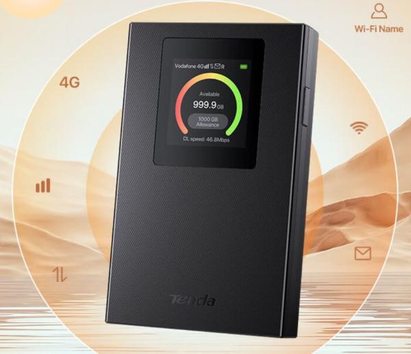 Tenda 4G185v4 4G LTE Mobile AX300 Wi-Fi batérie modem router, LCD, WPA 3, USB-C 