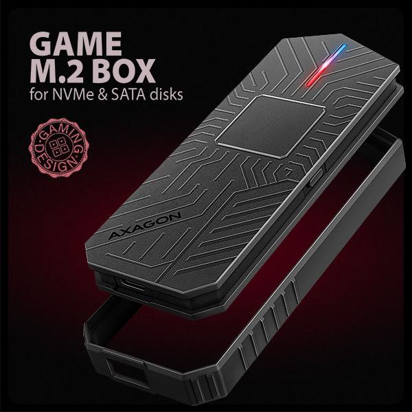 AXAGON EEM2-GAM, USB-C 10Gbps - NVMe & SATA SSD GAME M.2 box, bezskrutkový 