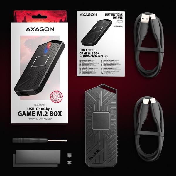 AXAGON EEM2-GAM, USB-C 10Gbps - NVMe & SATA SSD GAME M.2 box, bezskrutkový 