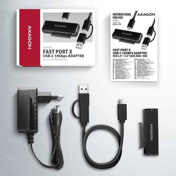 AXAGON ADSA-FPX, USB-C 10Gbps - SATA 6G, 2.5 "/ 3.5" SSD / HDD FAST PORT X adaptér, vr. AC napájače 