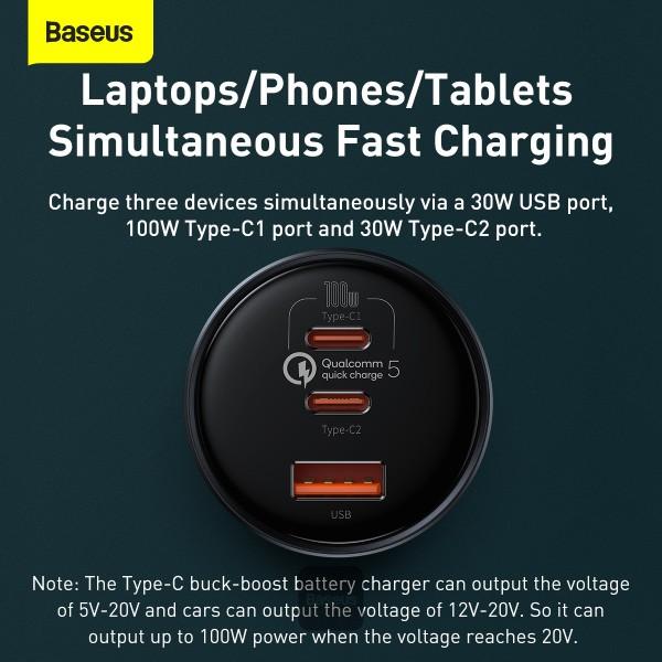 Baseus nabíjačka do auta 1x USB-A 2x USB-C Quick Charge 5 160W šedá + kábel USB-C 