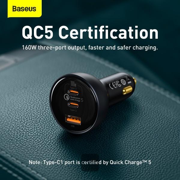 Baseus nabíjačka do auta 1x USB-A 2x USB-C Quick Charge 5 160W šedá + kábel USB-C 