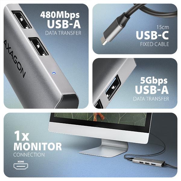 AXAGON HMC-H3A, USB 5Gbps húb, 3x USB-A, HDMI 4k/ 30Hz, kábel USB-C 15cm 