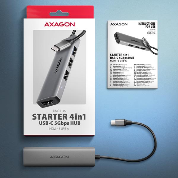 AXAGON HMC-H3A, USB 5Gbps húb, 3x USB-A, HDMI 4k/ 30Hz, kábel USB-C 15cm 