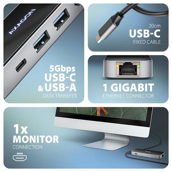AXAGON HMC-6GLN, USB 5Gbps hub, 2x USB-A, USB-C, HDMI 4k/ 60Hz, RJ-45 GLAN, PD 100W, kábel USB-C 20cm 