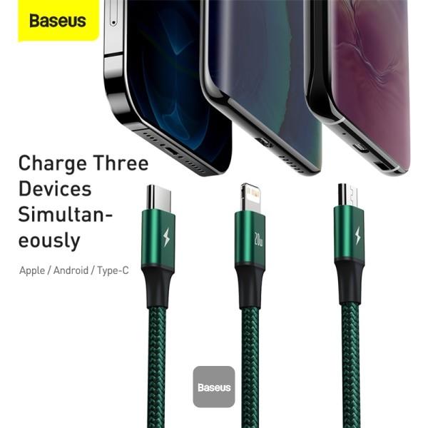 Baseus dátový kábel Rapid 3v1 USB-C/ microUSB, Lightning, USB-C 1, 5m PD 20W zelený 