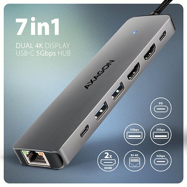 AXAGON HMC-7HX2, USB 5Gbps hub, 2x USB-A, USB-C, 2x HDMI 4k/ 60Hz, RJ-45 GLAN, PD 100W, kábel 15cm 