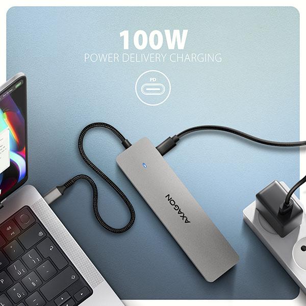 AXAGON HMC-7HX2, USB 5Gbps hub, 2x USB-A, USB-C, 2x HDMI 4k/ 60Hz, RJ-45 GLAN, PD 100W, kábel 15cm 