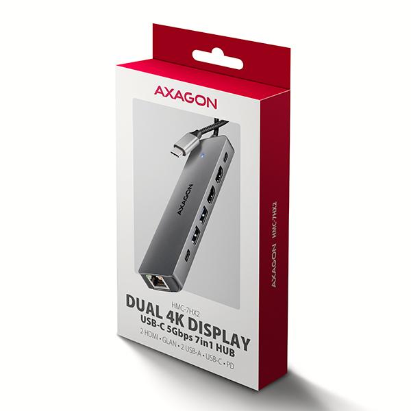 AXAGON HMC-7HX2, USB 5Gbps hub, 2x USB-A, USB-C, 2x HDMI 4k/ 60Hz, RJ-45 GLAN, PD 100W, kábel 15cm 