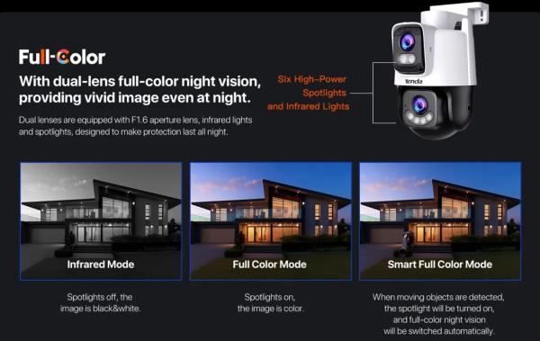 Tenda RH9-WCA - Vonkajšia otočná Dual Lens IP65 Wi-Fi 6 MPx kamera, nočná LED, audio, detekcia, CZ app 