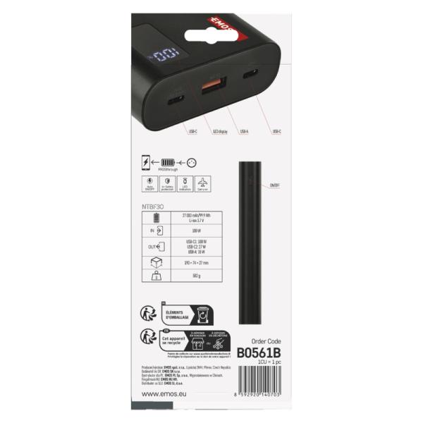 EMOS PWB NTBF30 27000 MAH 100 W PD 1×USB-C 1×USB-A 