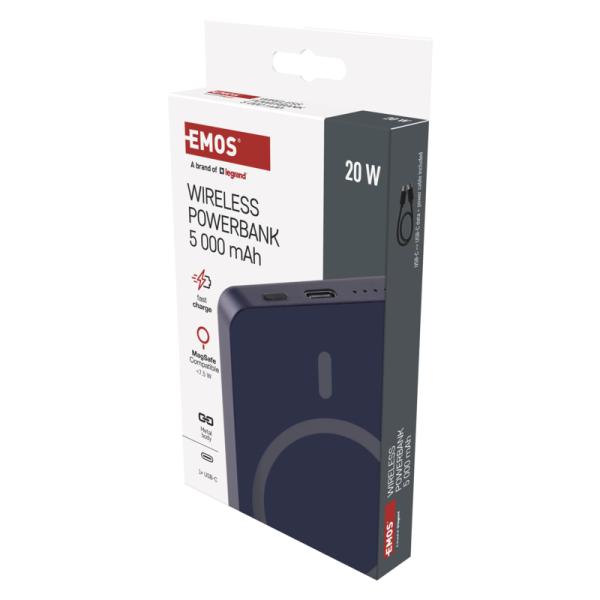 EMOS POWERBANKA WI 522, bezdrôtové nabíjanie 20W, 5.000mAh, MODRÁ, 1xUSB-C 