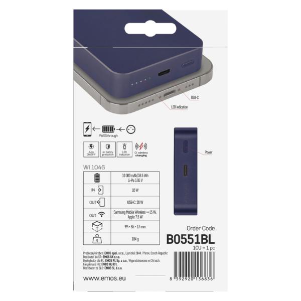 EMOS POWERBANKA WI 1046, bezdrôtové nabíjanie 20W, 10.000mAh, MODRÁ, 1xUSB-C 