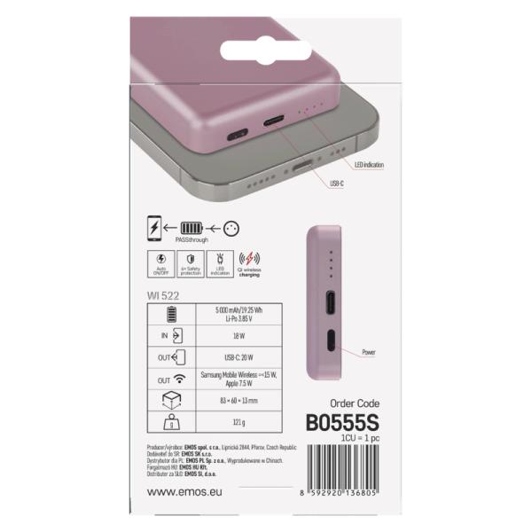 EMOS POWERBANKA WI 522, bezdrôtové nabíjanie 20W, 5.000mAh, LOSOSOVÁ, 1xUSB-C 